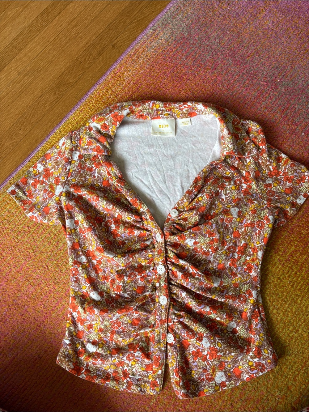 Anthropologie MAEVE Orange Floral Button-Front Short Sleeve Top